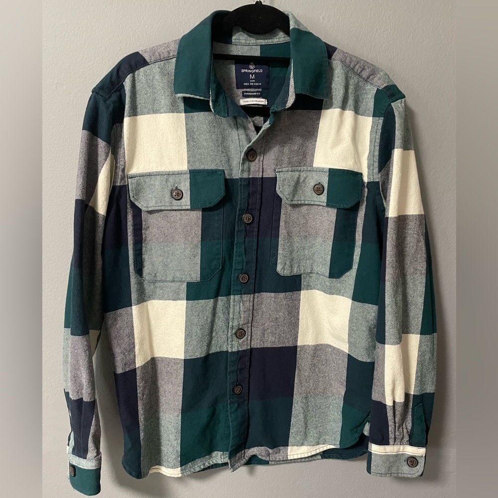 Springfield Men’s flannel cotton plaid button down shirt in green. Size Medium
